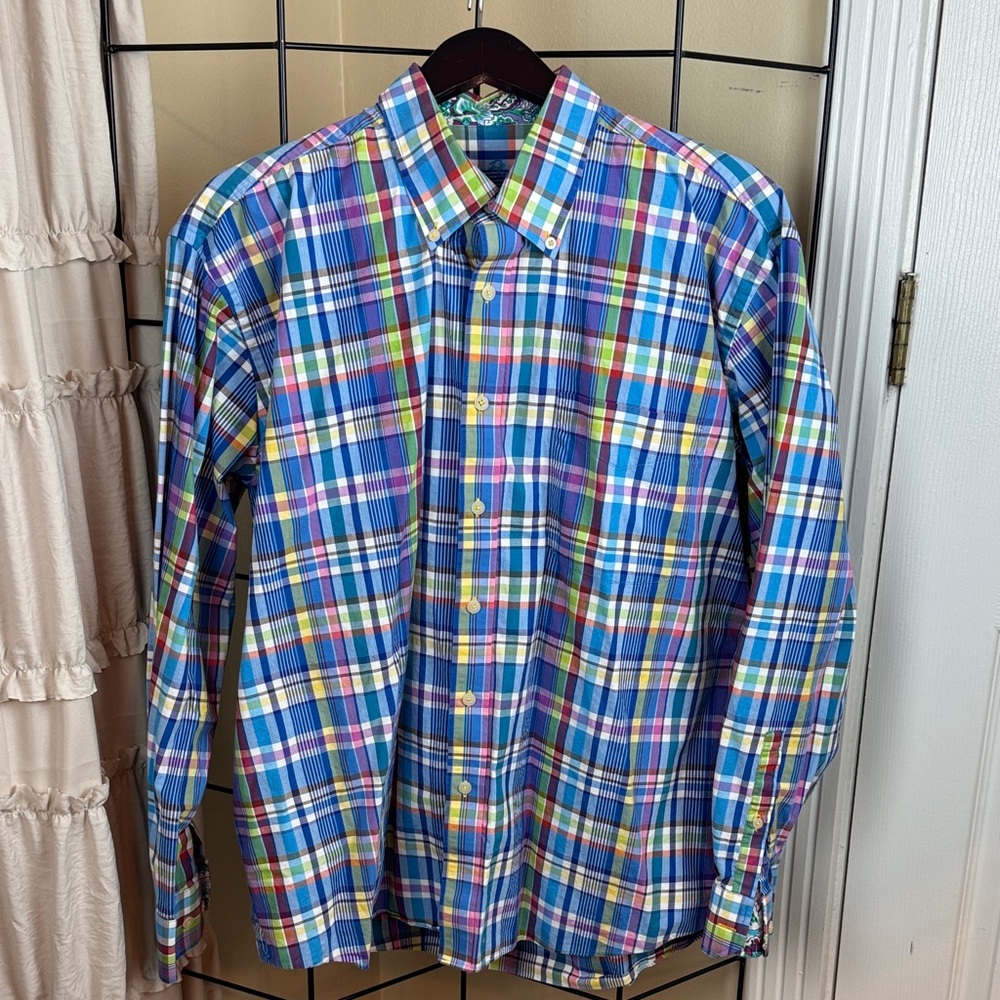 Alan Flusser Blue Plaid Button Down Shirt Size XL